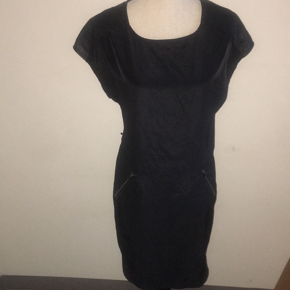 Dress with faux leather shoulders